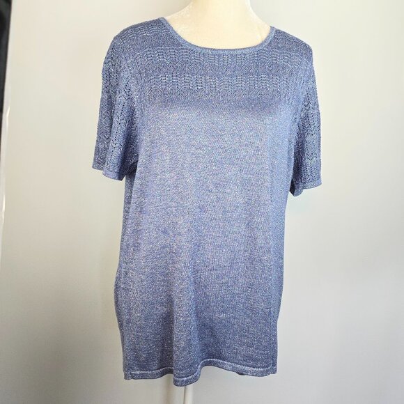 Drapers & Damons Sweater Womens 1X Light Blue Metallic Short Sleeved Crew Neck - Picture 1 of 6